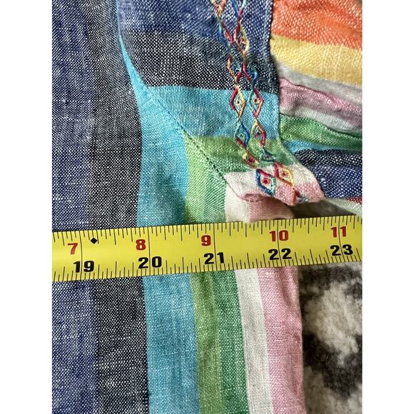 JOHN MARK Rainbow Striped 100% Linen Embroidered Raw Hem Blouse Top Sz S - Picture 10 of 11